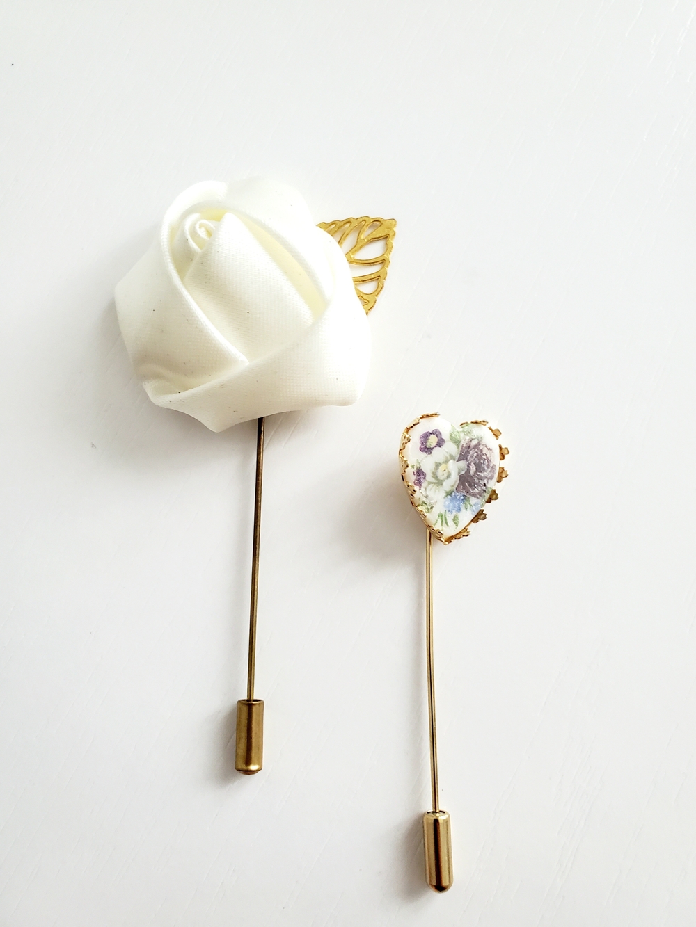 White Rose and Floral Heart Lapel Pin Set